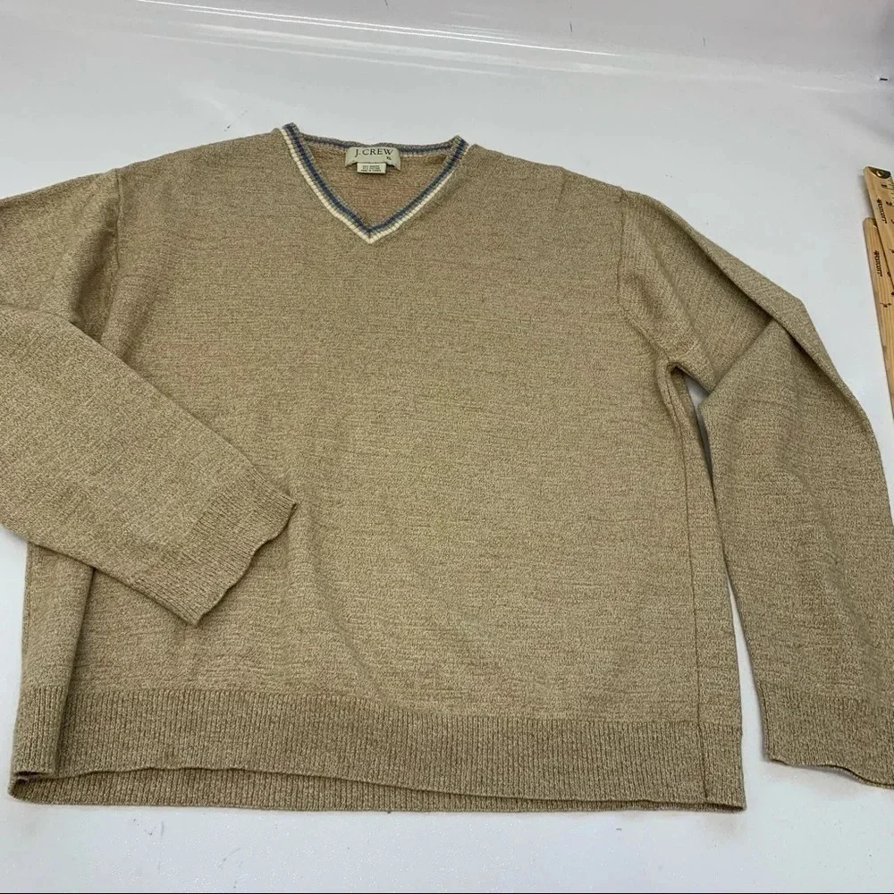 J Crew  Sweater Men XL Merino Wool Cotton V‎ Neck Long Sleeve  Neutral Tan Work